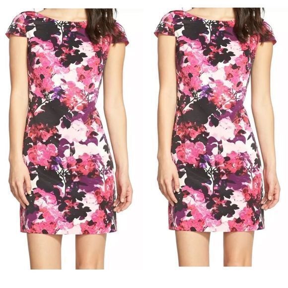 Eliza J Pink Womens Size 4P Petite‎ Floral-Print Sheath Dress Lined Sleeve - Picture 1 of 9